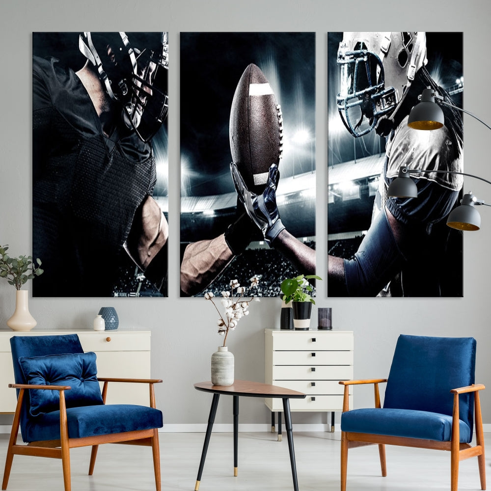 A modern living room features the "American Football Wall Art Canvas Print," a triptych of museum-quality canvases showcasing American football players.