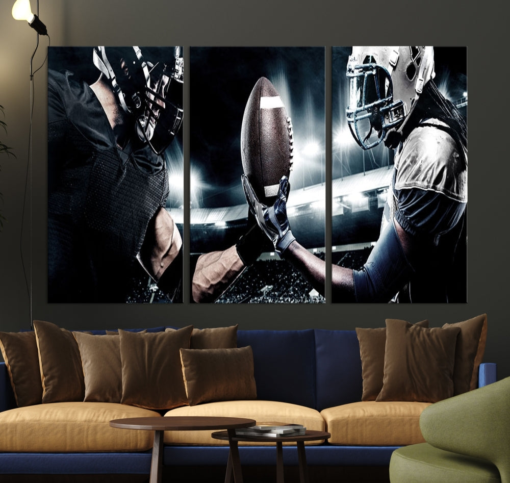 A modern living room features the "American Football Wall Art Canvas Print," a triptych of museum-quality canvases showcasing American football players.