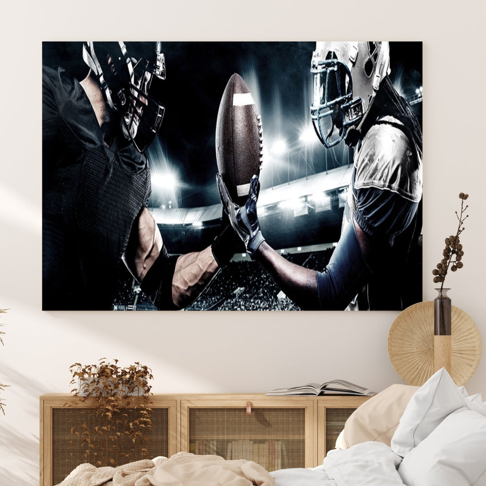 A modern living room features the "American Football Wall Art Canvas Print," a triptych of museum-quality canvases showcasing American football players.