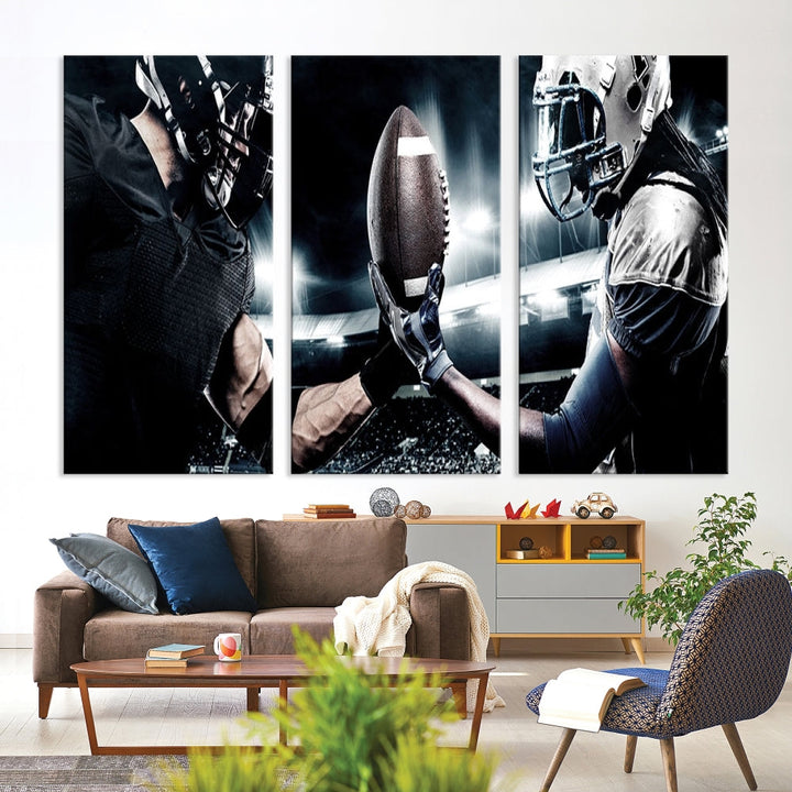 A modern living room features the "American Football Wall Art Canvas Print," a triptych of museum-quality canvases showcasing American football players.