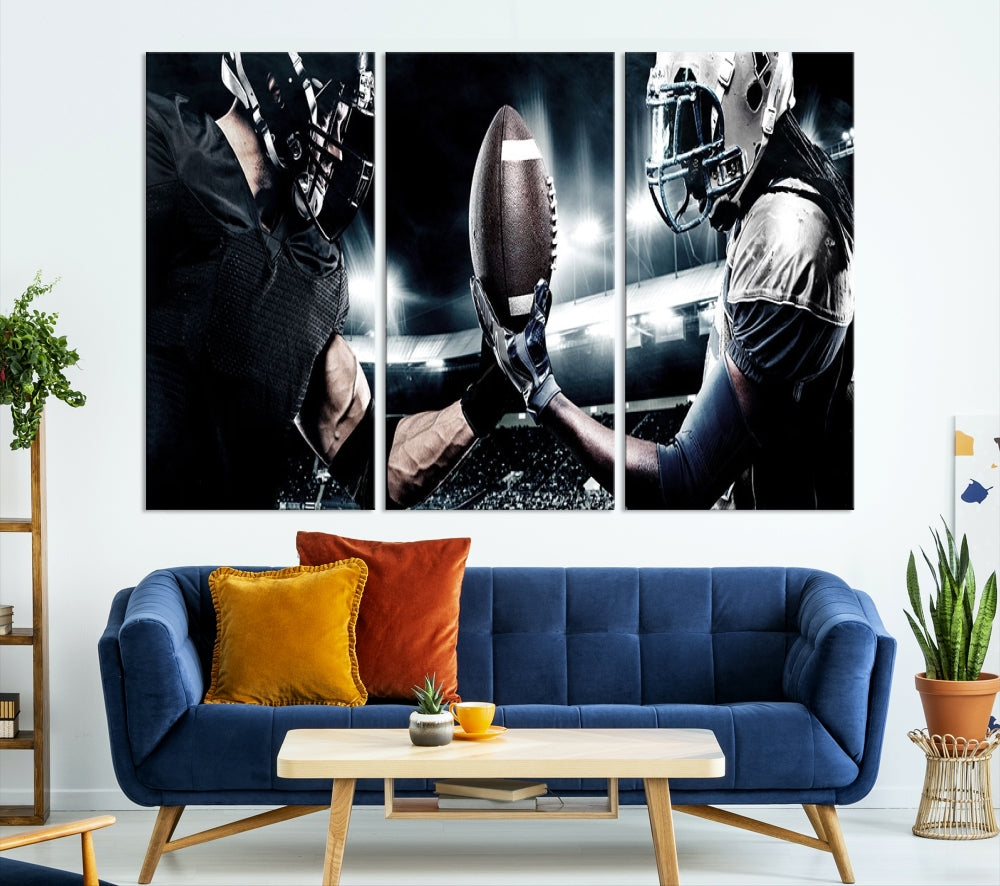 A modern living room features the "American Football Wall Art Canvas Print," a triptych of museum-quality canvases showcasing American football players.