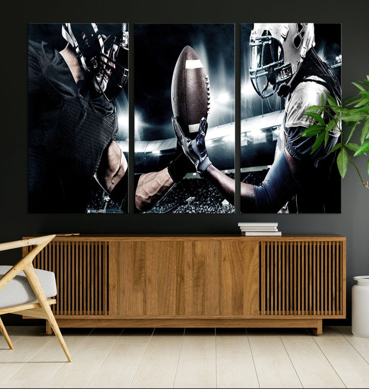 A modern living room features the "American Football Wall Art Canvas Print," a triptych of museum-quality canvases showcasing American football players.