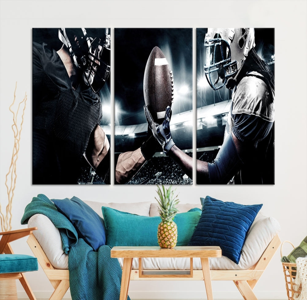 A modern living room features the "American Football Wall Art Canvas Print," a triptych of museum-quality canvases showcasing American football players.