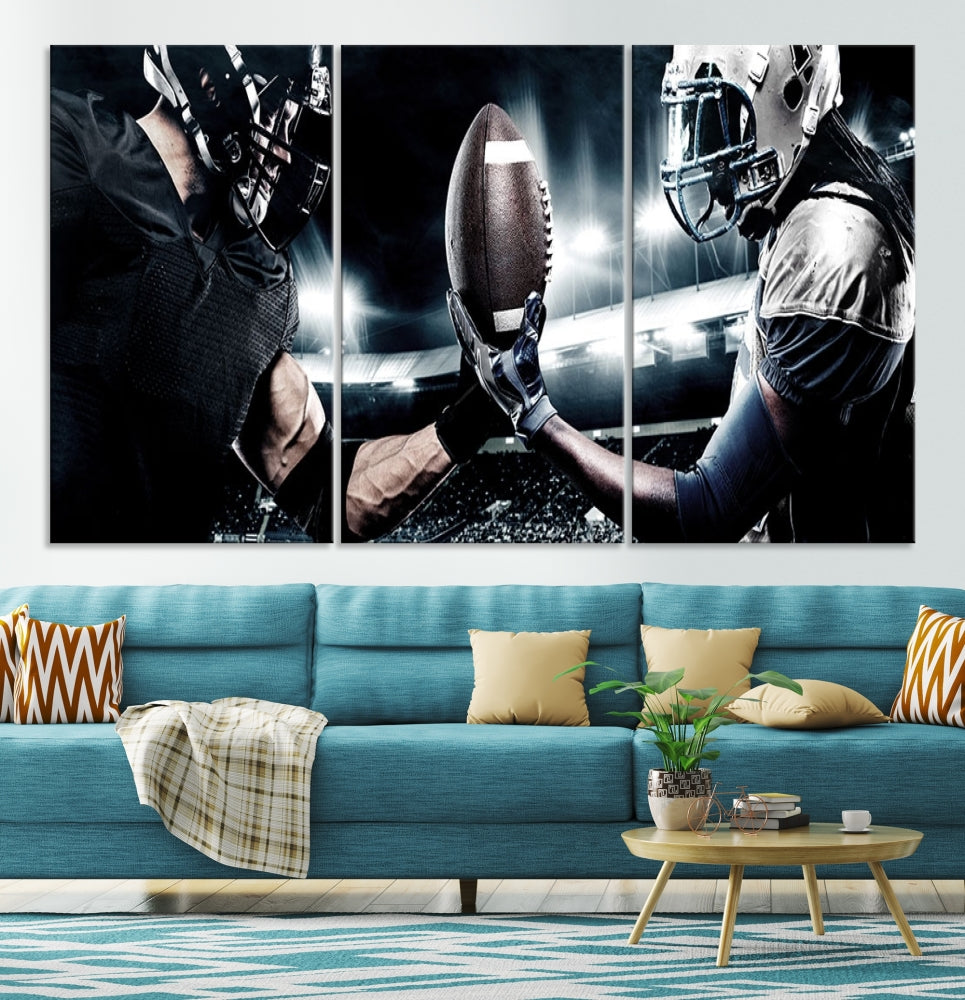 A modern living room features the "American Football Wall Art Canvas Print," a triptych of museum-quality canvases showcasing American football players.