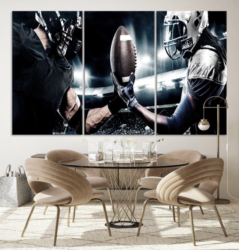 A modern living room features the "American Football Wall Art Canvas Print," a triptych of museum-quality canvases showcasing American football players.