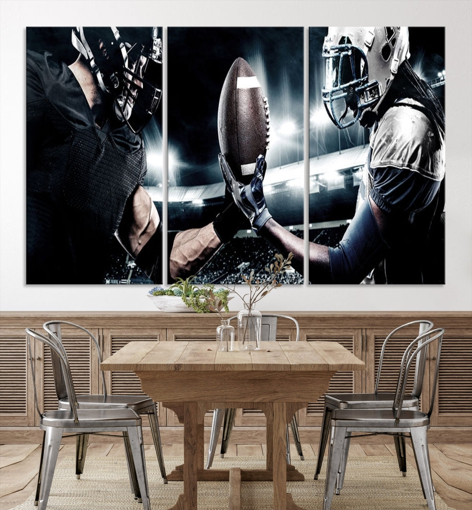 A modern living room features the "American Football Wall Art Canvas Print," a triptych of museum-quality canvases showcasing American football players.