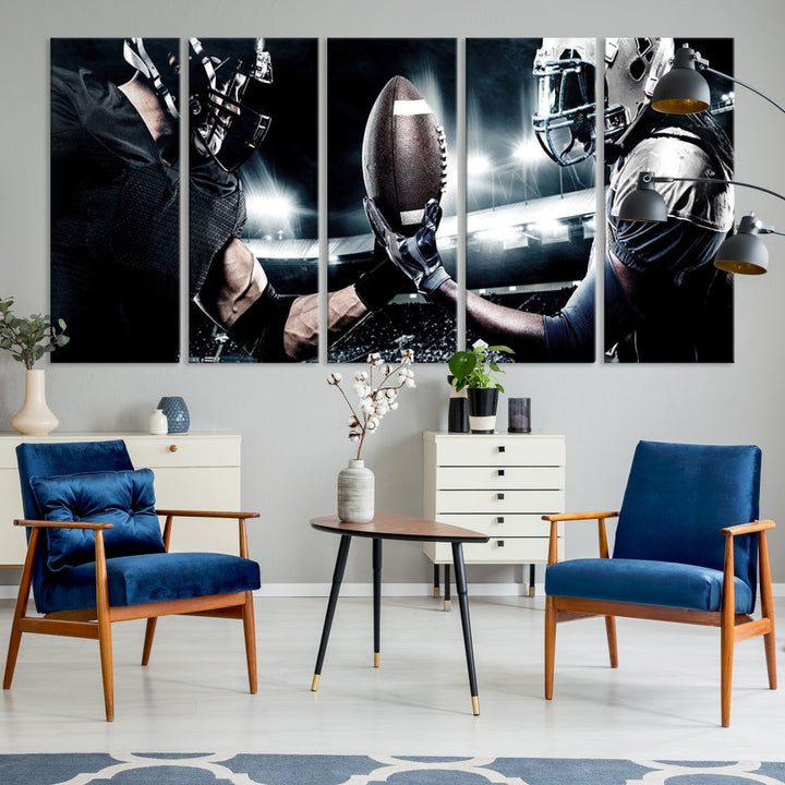 A modern living room features the "American Football Wall Art Canvas Print," a triptych of museum-quality canvases showcasing American football players.