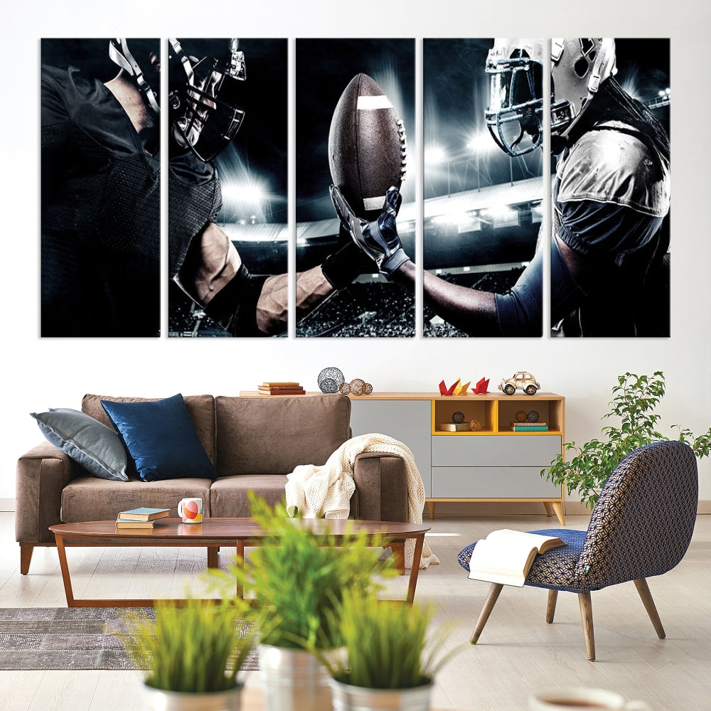 A modern living room features the "American Football Wall Art Canvas Print," a triptych of museum-quality canvases showcasing American football players.