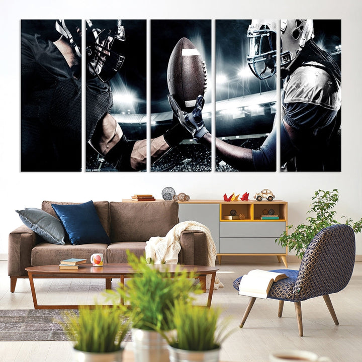 A modern living room features the "American Football Wall Art Canvas Print," a triptych of museum-quality canvases showcasing American football players.