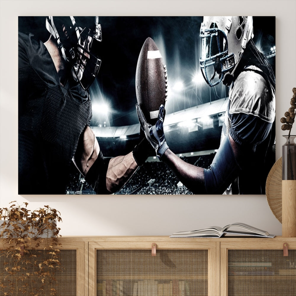 A modern living room features the "American Football Wall Art Canvas Print," a triptych of museum-quality canvases showcasing American football players.