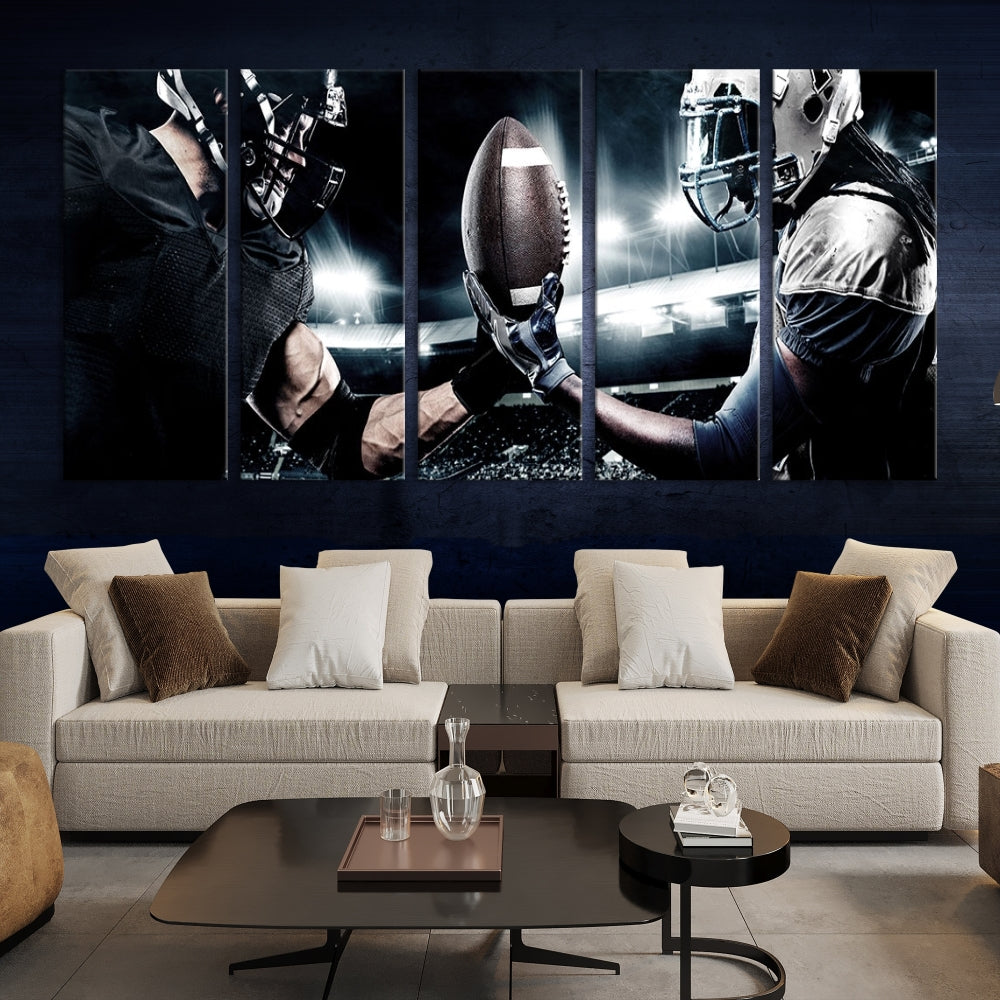 A modern living room features the "American Football Wall Art Canvas Print," a triptych of museum-quality canvases showcasing American football players.