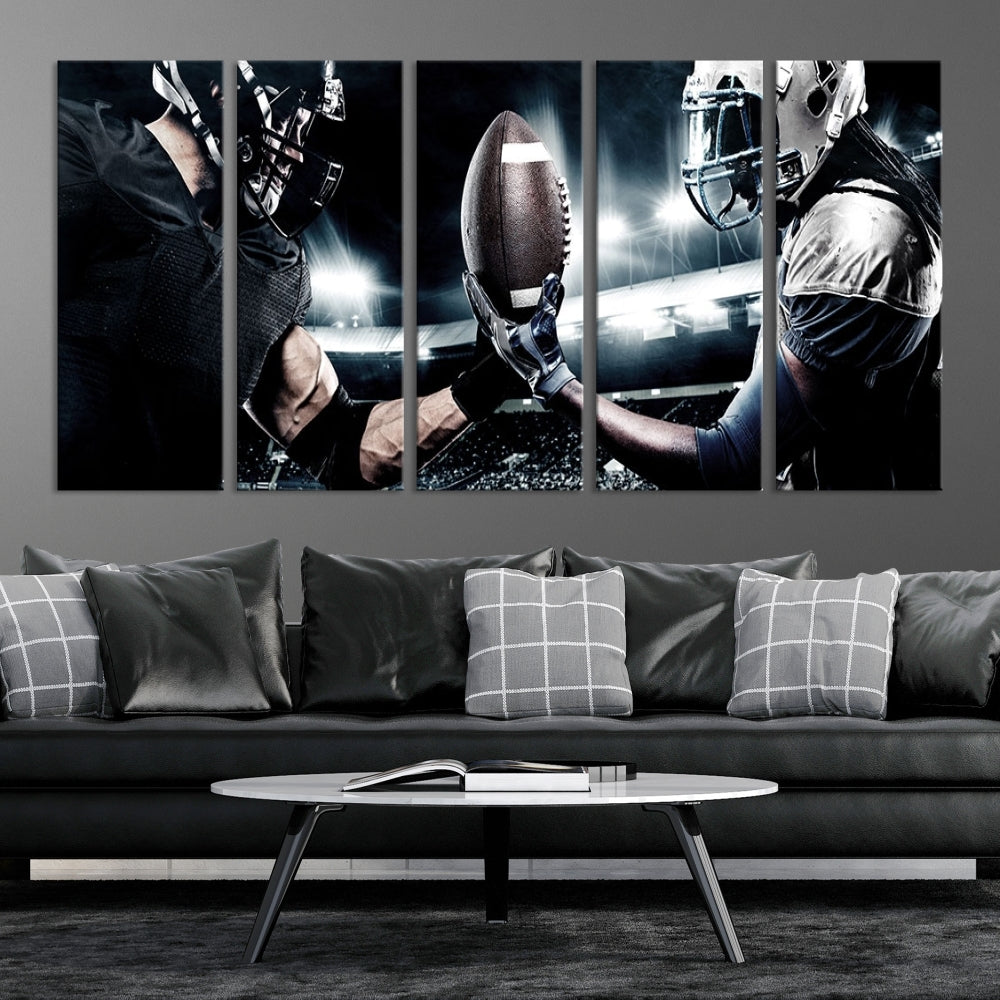 A modern living room features the "American Football Wall Art Canvas Print," a triptych of museum-quality canvases showcasing American football players.