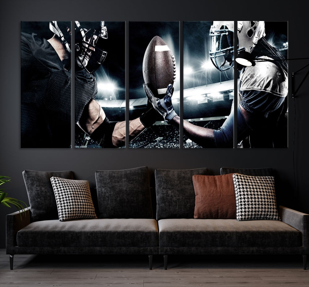 A modern living room features the "American Football Wall Art Canvas Print," a triptych of museum-quality canvases showcasing American football players.