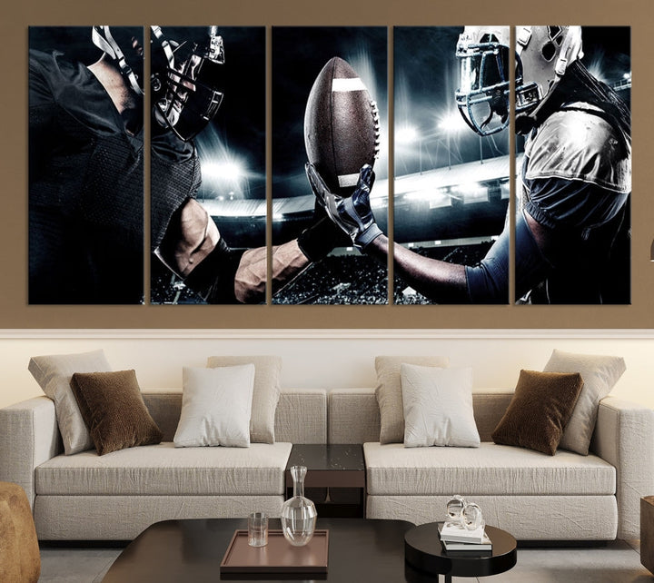 A modern living room features the "American Football Wall Art Canvas Print," a triptych of museum-quality canvases showcasing American football players.