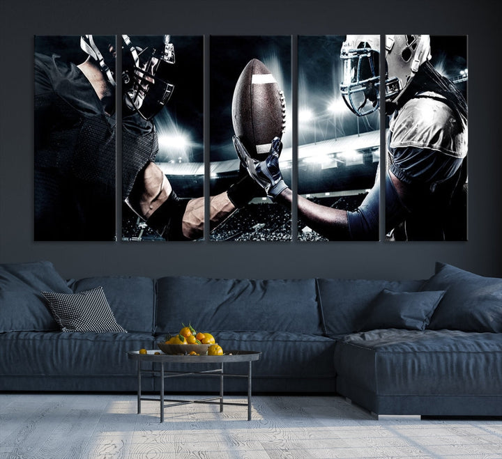 A modern living room features the "American Football Wall Art Canvas Print," a triptych of museum-quality canvases showcasing American football players.