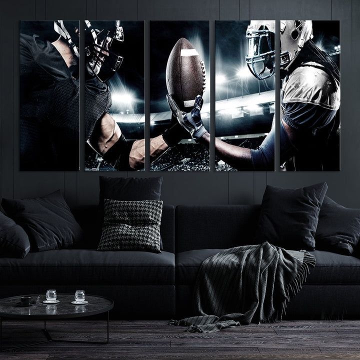 A modern living room features the "American Football Wall Art Canvas Print," a triptych of museum-quality canvases showcasing American football players.