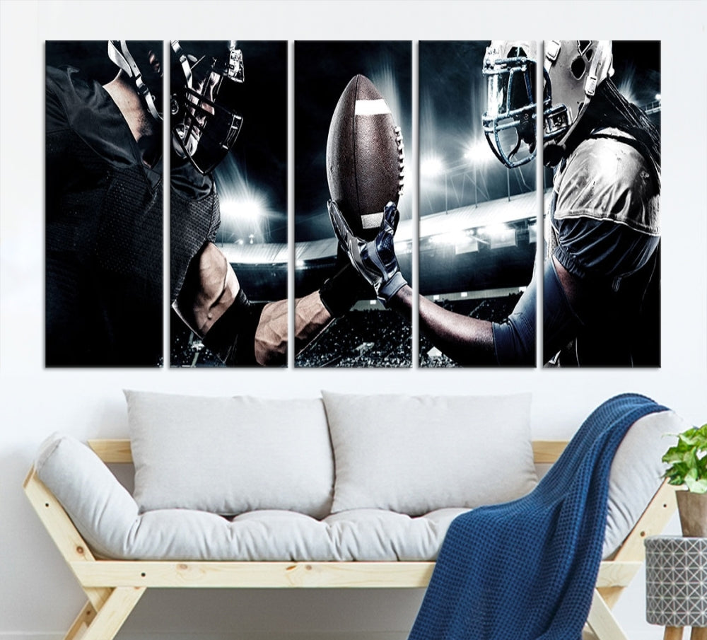 A modern living room features the "American Football Wall Art Canvas Print," a triptych of museum-quality canvases showcasing American football players.