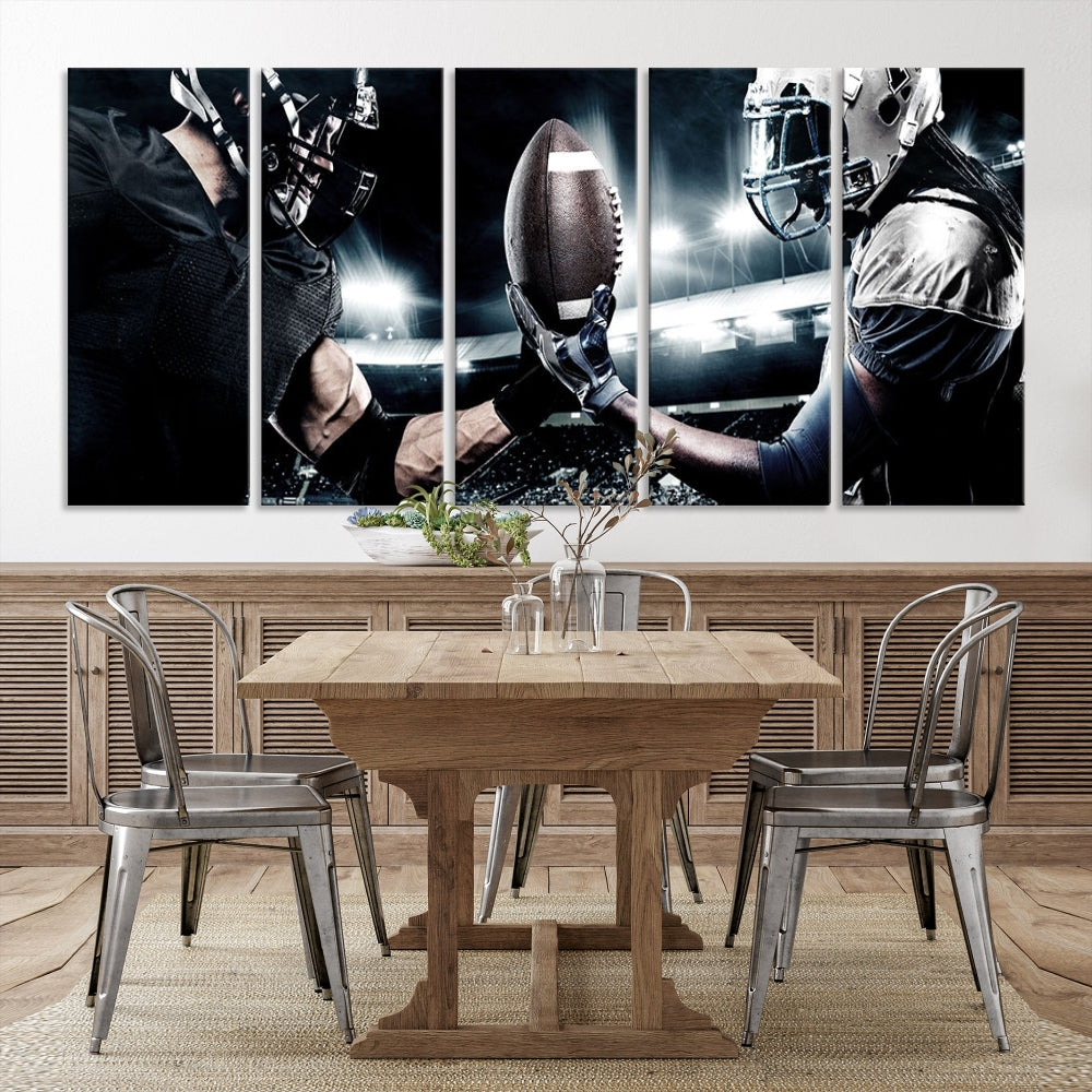 A modern living room features the "American Football Wall Art Canvas Print," a triptych of museum-quality canvases showcasing American football players.