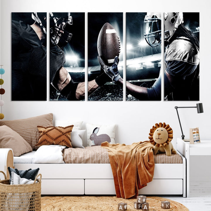 A modern living room features the "American Football Wall Art Canvas Print," a triptych of museum-quality canvases showcasing American football players.