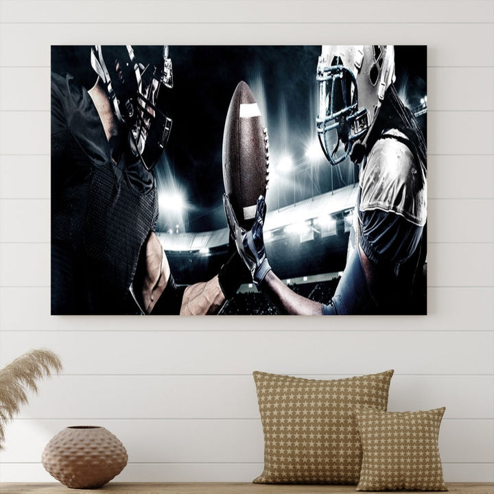 A modern living room features the "American Football Wall Art Canvas Print," a triptych of museum-quality canvases showcasing American football players.