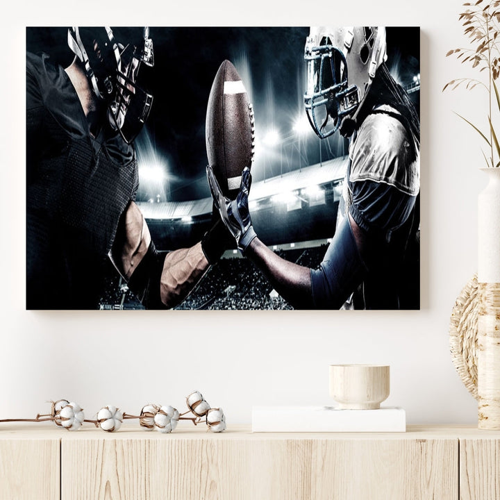 A modern living room features the "American Football Wall Art Canvas Print," a triptych of museum-quality canvases showcasing American football players.