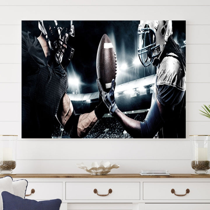 A modern living room features the "American Football Wall Art Canvas Print," a triptych of museum-quality canvases showcasing American football players.