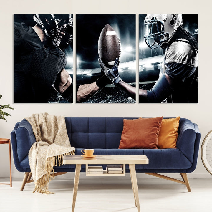 A modern living room features the "American Football Wall Art Canvas Print," a triptych of museum-quality canvases showcasing American football players.