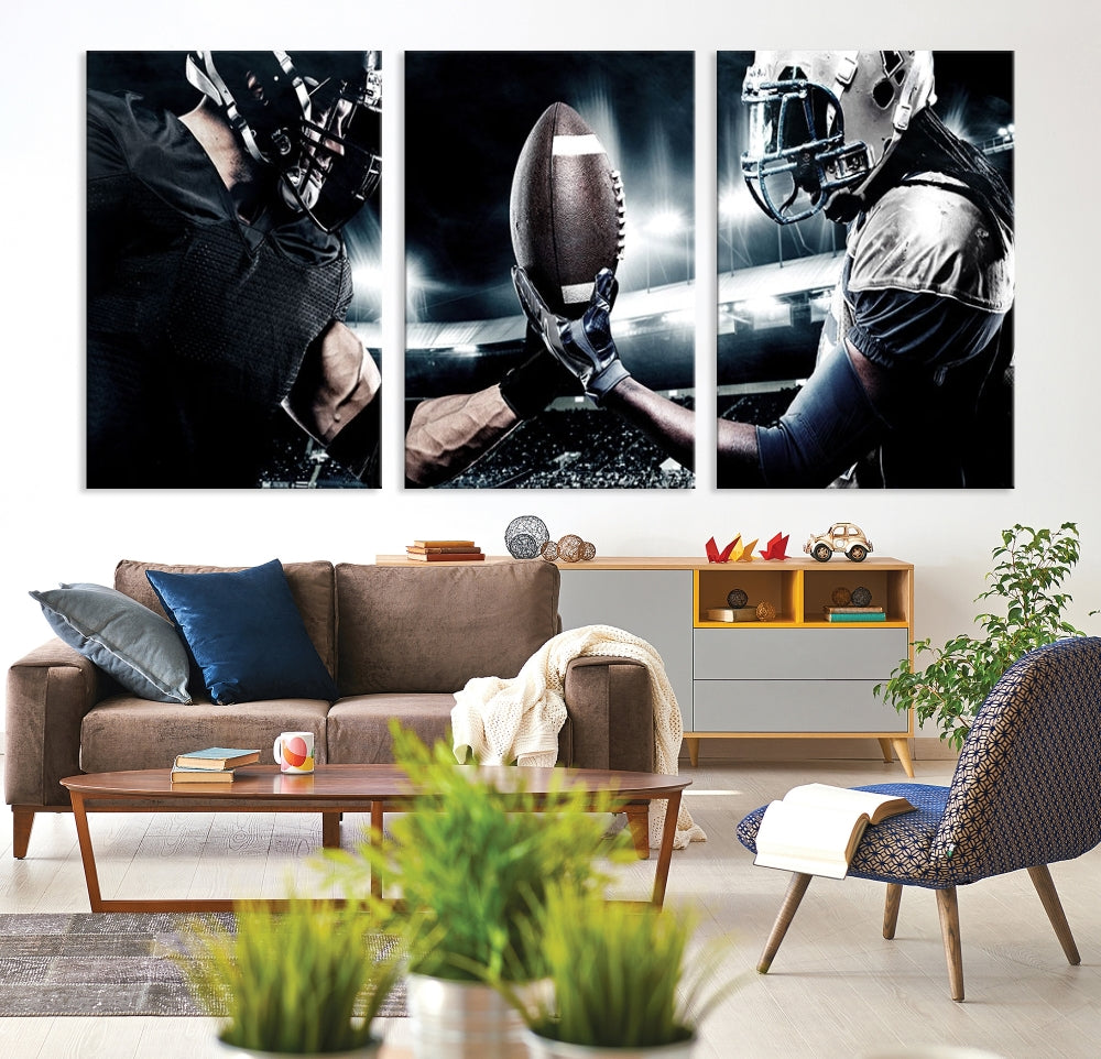 A modern living room features the "American Football Wall Art Canvas Print," a triptych of museum-quality canvases showcasing American football players.