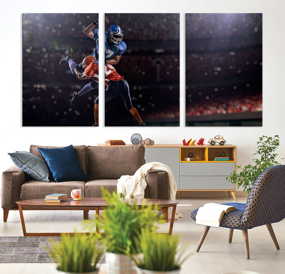 The dining room features the American Football Wall Art Canvas Print, a striking stadium sport piece on a gallery-wrapped, museum-quality canvas with UV-protective coating.