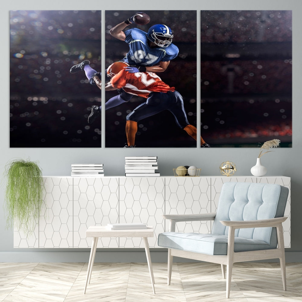 A stylish living room featuring a large gallery-quality American Football Wall Art Canvas Print, showcasing stadium sport imagery, on the wall.