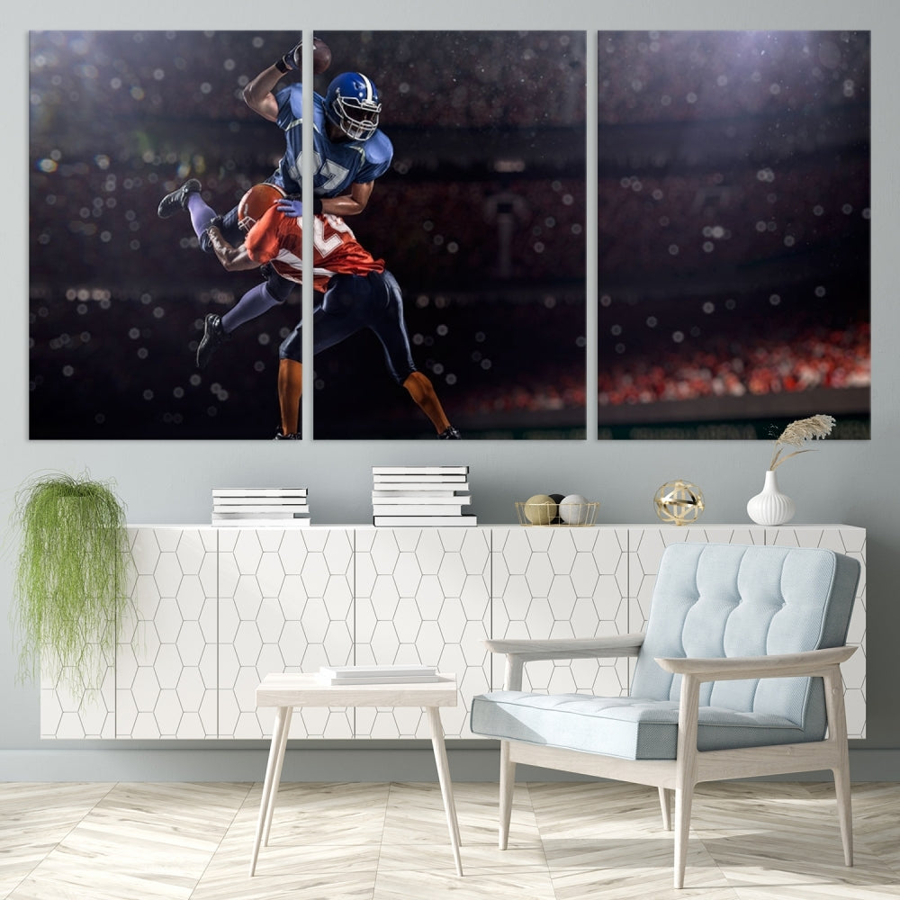 The dining room features the American Football Wall Art Canvas Print, a striking stadium sport piece on a gallery-wrapped, museum-quality canvas with UV-protective coating.