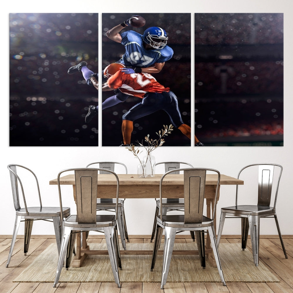 A stylish living room featuring a large gallery-quality American Football Wall Art Canvas Print, showcasing stadium sport imagery, on the wall.