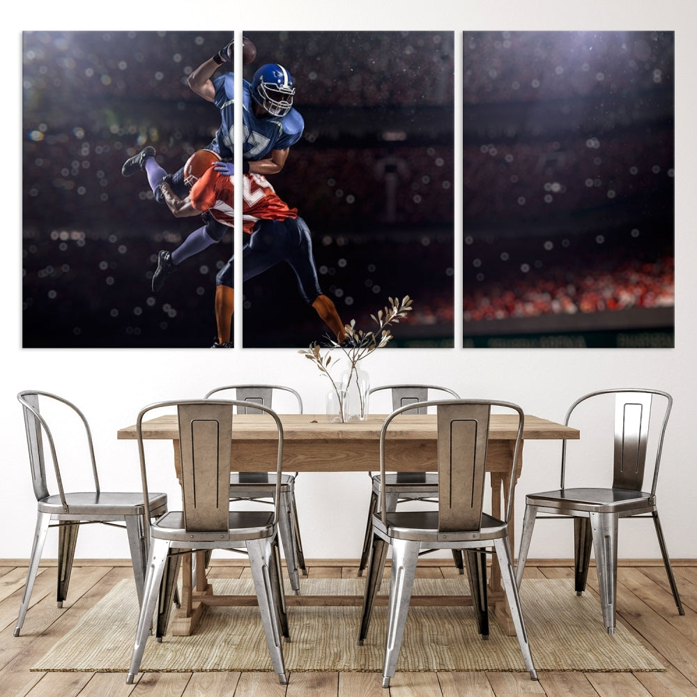 The dining room features the American Football Wall Art Canvas Print, a striking stadium sport piece on a gallery-wrapped, museum-quality canvas with UV-protective coating.