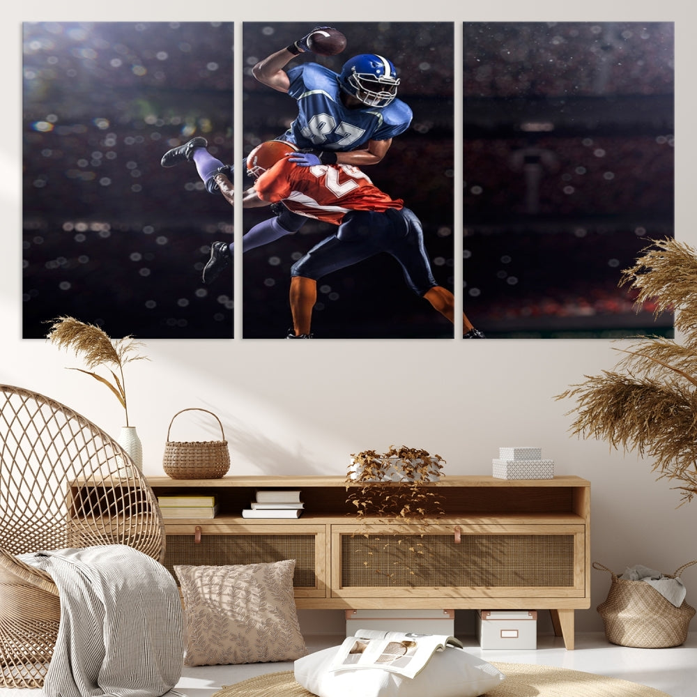 A stylish living room featuring a large gallery-quality American Football Wall Art Canvas Print, showcasing stadium sport imagery, on the wall.