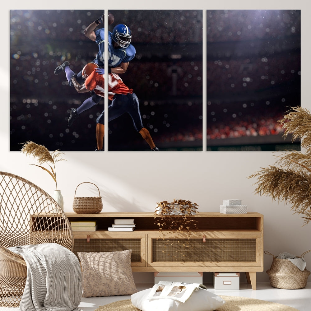 The dining room features the American Football Wall Art Canvas Print, a striking stadium sport piece on a gallery-wrapped, museum-quality canvas with UV-protective coating.