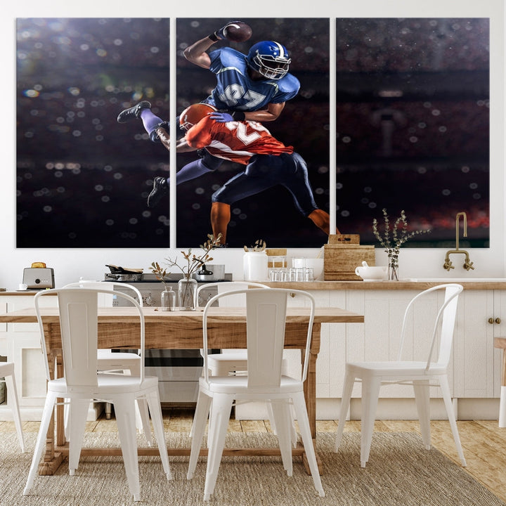 A stylish living room featuring a large gallery-quality American Football Wall Art Canvas Print, showcasing stadium sport imagery, on the wall.