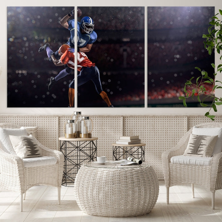 The dining room features the American Football Wall Art Canvas Print, a striking stadium sport piece on a gallery-wrapped, museum-quality canvas with UV-protective coating.