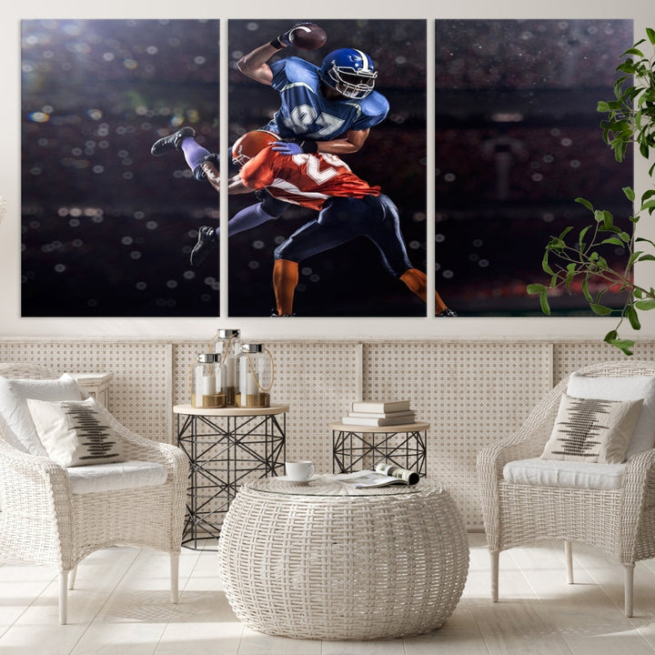 A stylish living room featuring a large gallery-quality American Football Wall Art Canvas Print, showcasing stadium sport imagery, on the wall.