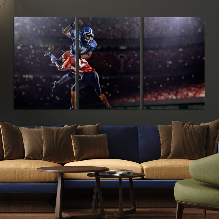 The dining room features the American Football Wall Art Canvas Print, a striking stadium sport piece on a gallery-wrapped, museum-quality canvas with UV-protective coating.