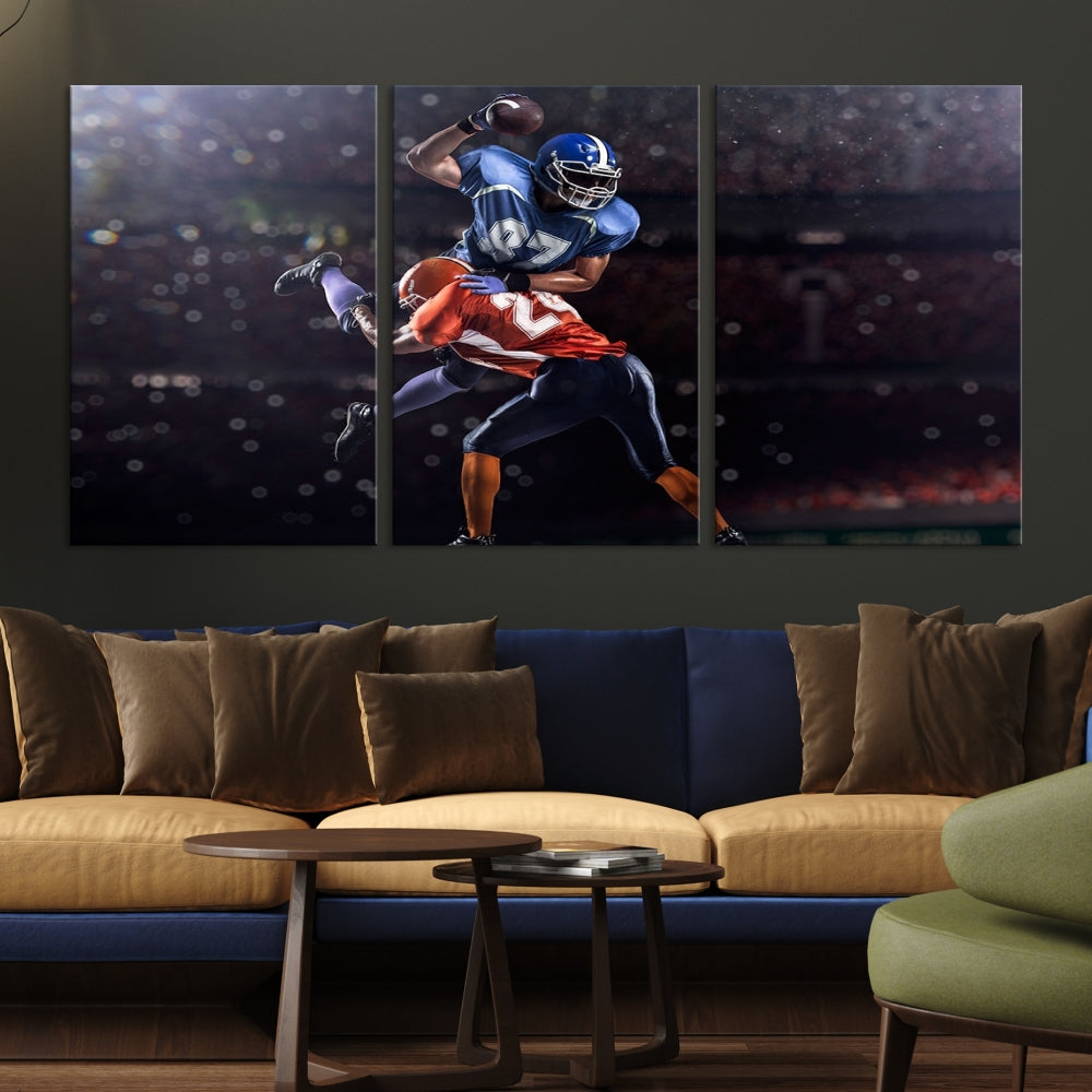 A stylish living room featuring a large gallery-quality American Football Wall Art Canvas Print, showcasing stadium sport imagery, on the wall.