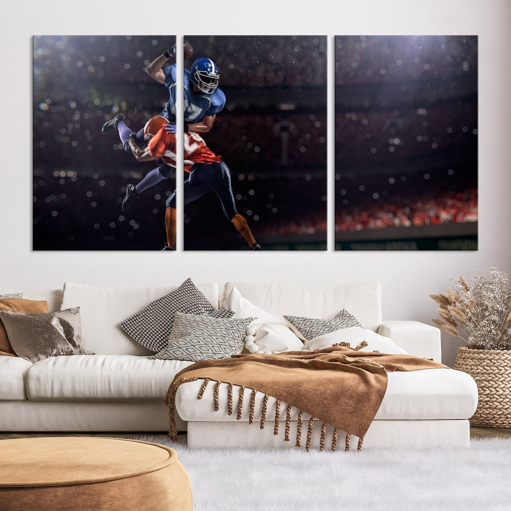 The dining room features the American Football Wall Art Canvas Print, a striking stadium sport piece on a gallery-wrapped, museum-quality canvas with UV-protective coating.