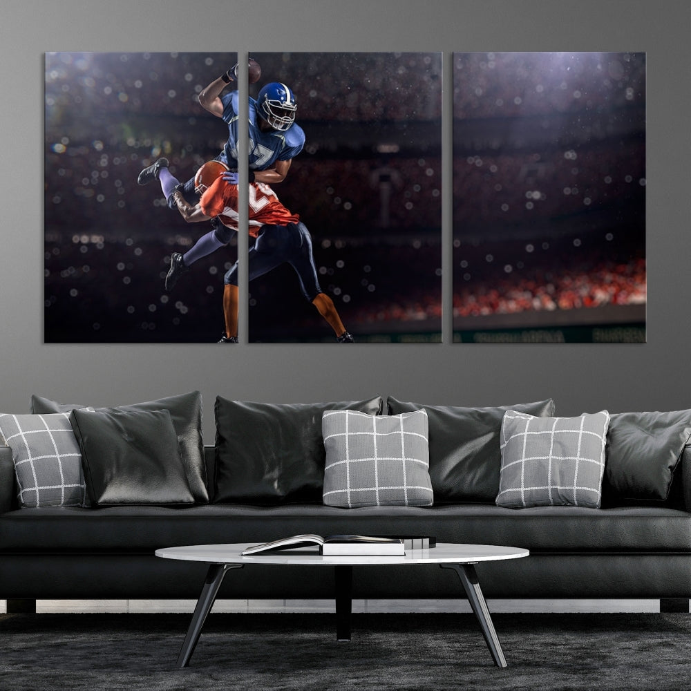 The dining room features the American Football Wall Art Canvas Print, a striking stadium sport piece on a gallery-wrapped, museum-quality canvas with UV-protective coating.