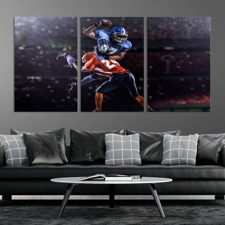 A stylish living room featuring a large gallery-quality American Football Wall Art Canvas Print, showcasing stadium sport imagery, on the wall.