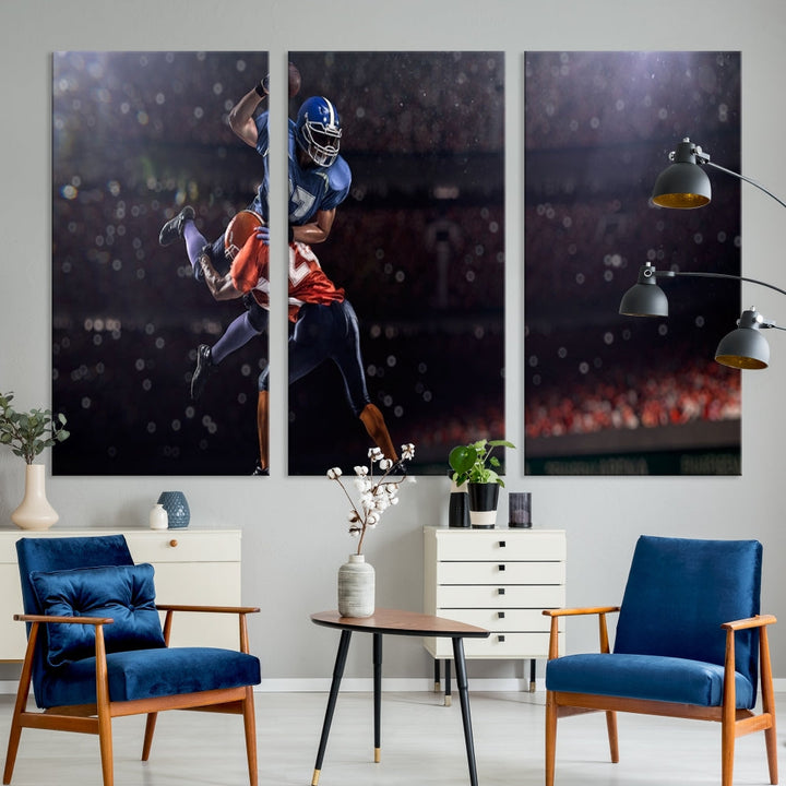 The dining room features the American Football Wall Art Canvas Print, a striking stadium sport piece on a gallery-wrapped, museum-quality canvas with UV-protective coating.