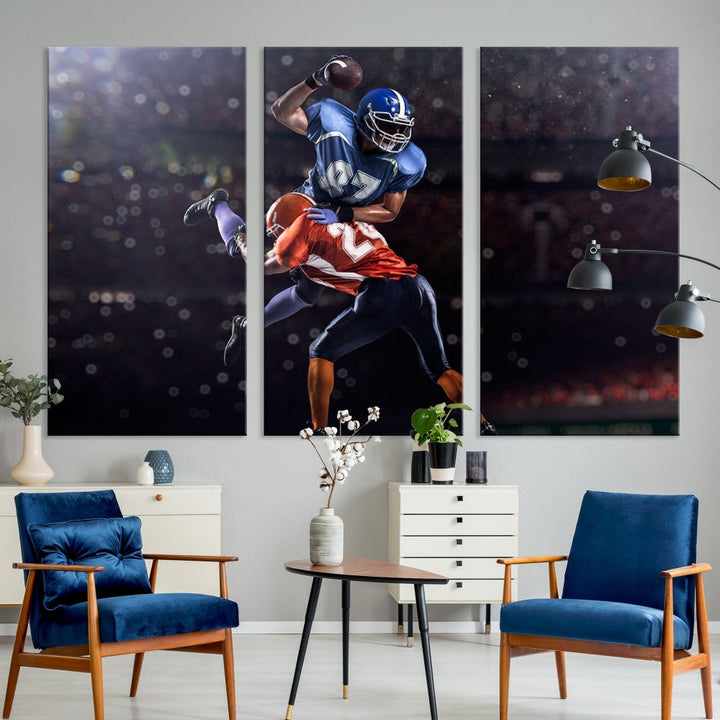 A stylish living room featuring a large gallery-quality American Football Wall Art Canvas Print, showcasing stadium sport imagery, on the wall.