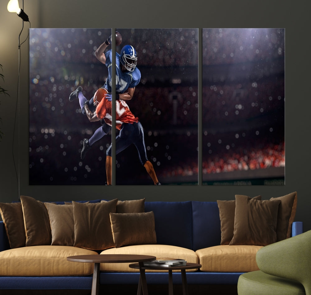 The dining room features the American Football Wall Art Canvas Print, a striking stadium sport piece on a gallery-wrapped, museum-quality canvas with UV-protective coating.