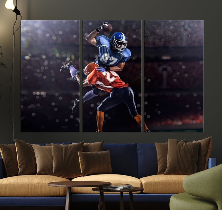 A stylish living room featuring a large gallery-quality American Football Wall Art Canvas Print, showcasing stadium sport imagery, on the wall.