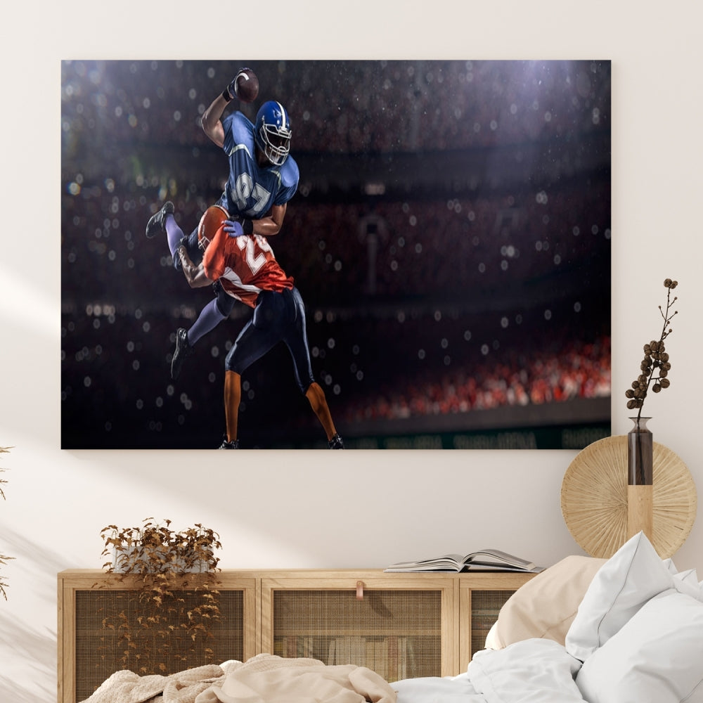 The dining room features the American Football Wall Art Canvas Print, a striking stadium sport piece on a gallery-wrapped, museum-quality canvas with UV-protective coating.