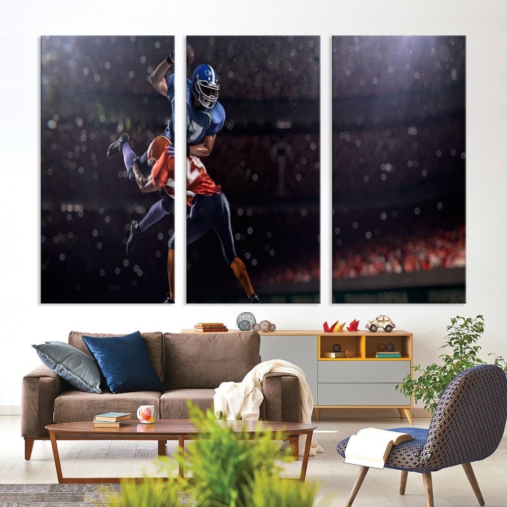 The dining room features the American Football Wall Art Canvas Print, a striking stadium sport piece on a gallery-wrapped, museum-quality canvas with UV-protective coating.