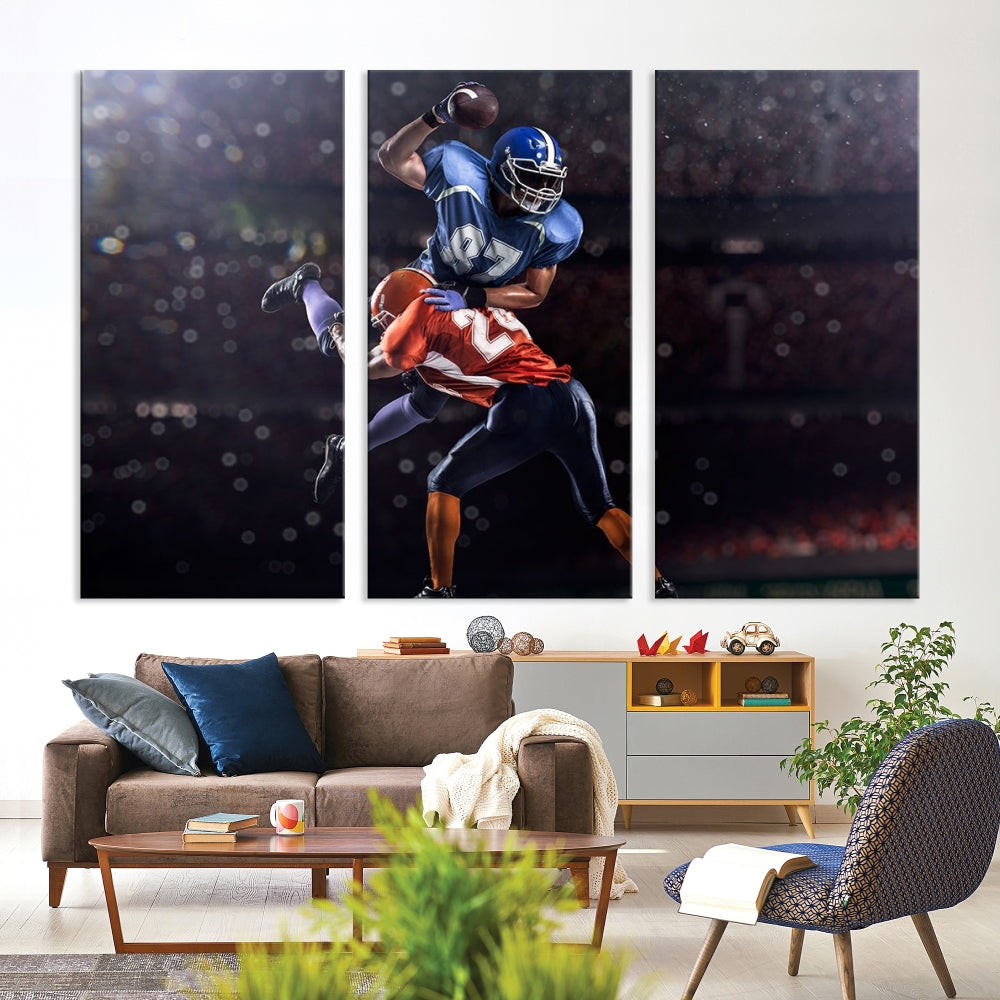 A stylish living room featuring a large gallery-quality American Football Wall Art Canvas Print, showcasing stadium sport imagery, on the wall.